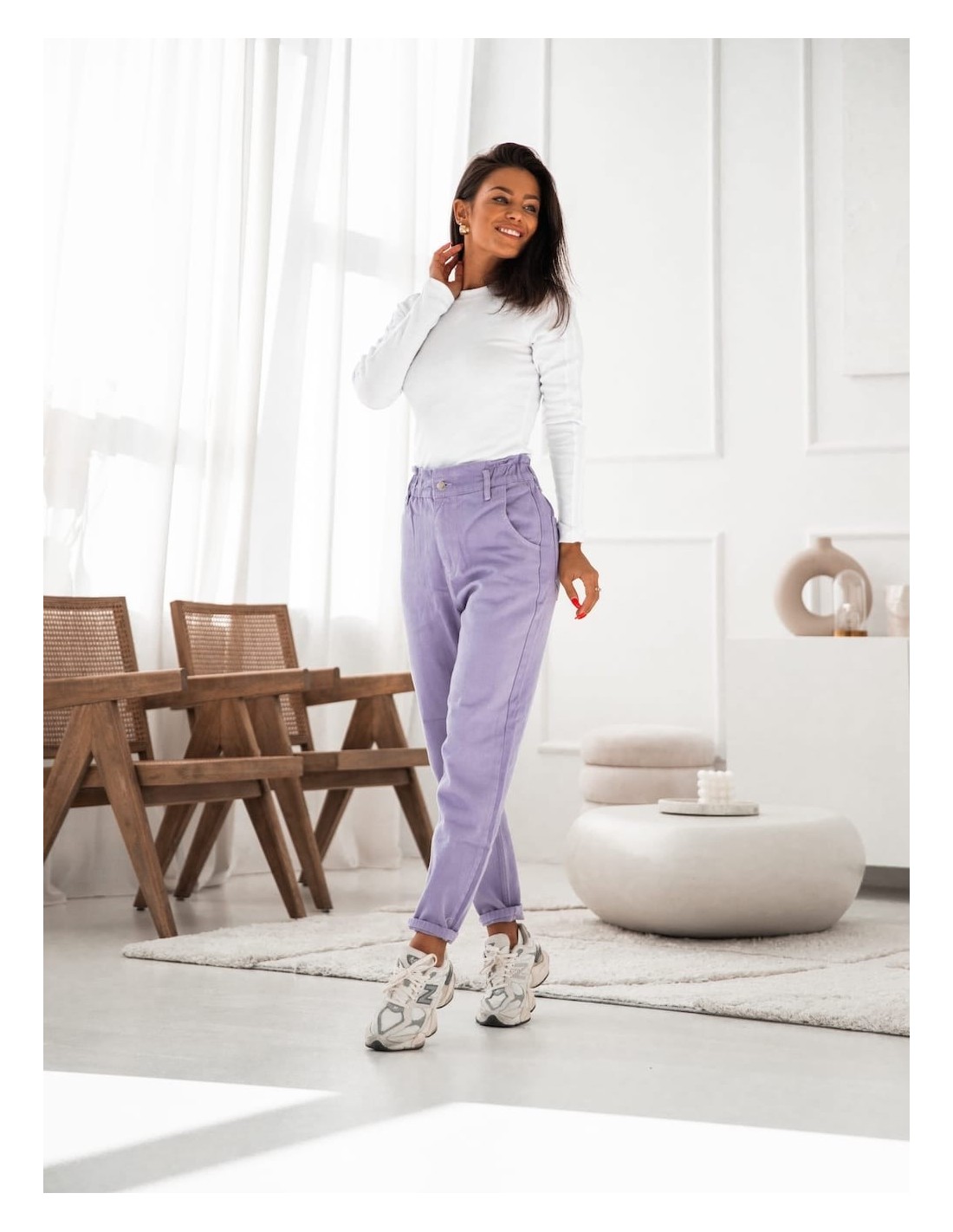 Denim pants with elastic waist, lilac 202001 - Online store - Boutique